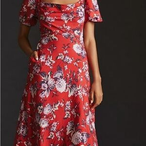 Anthropologie Red and Purple Floral Midi Dress